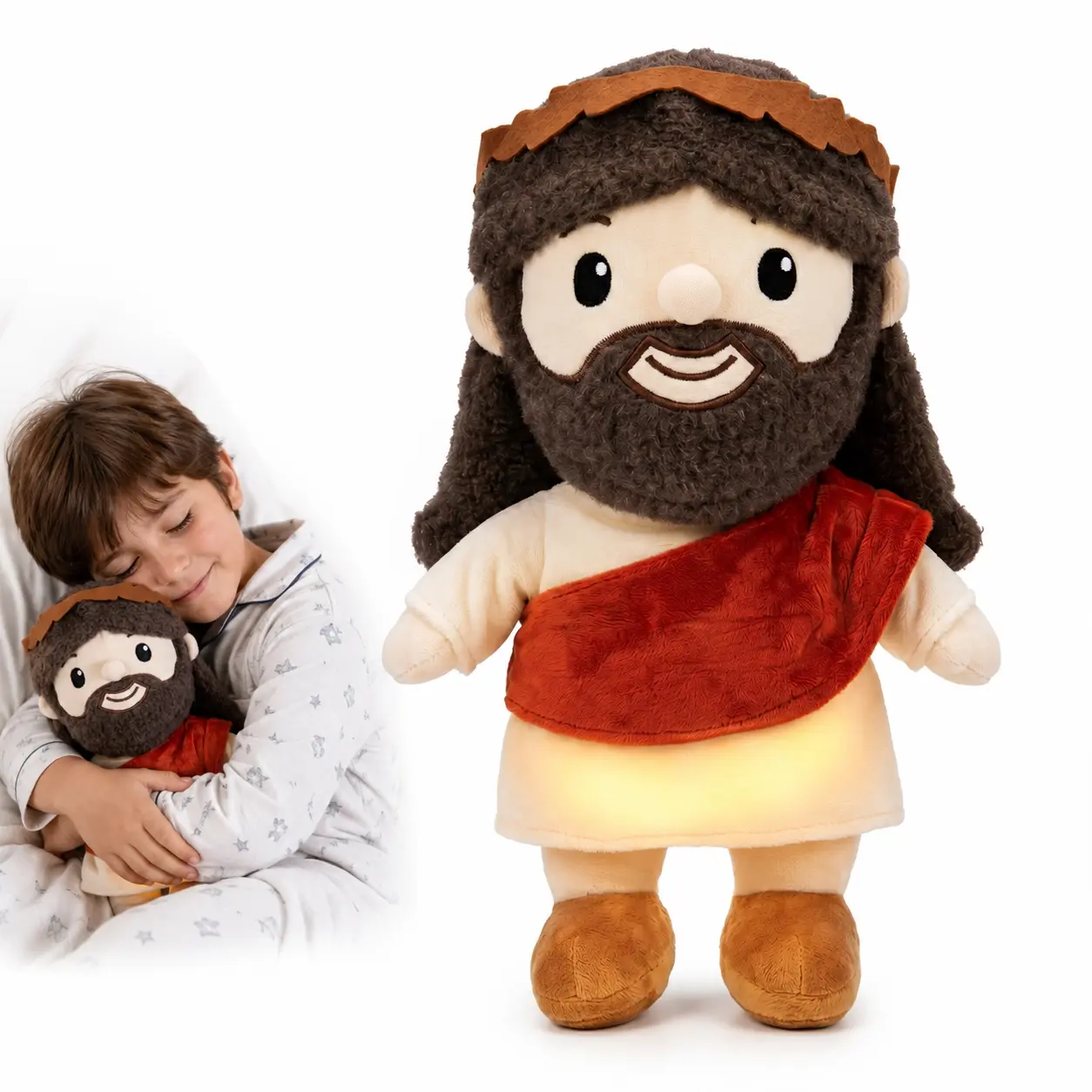 Christian Soft Plush Breathing Jesus Doll - Gentle Breathing Motion Stuffed Toy, Brown Hair & Beard, Cream Robe with Red Sash, Easter Baskets Gift, Faith-Inspired Room Setup for Kids, Everyday Spaces Decor