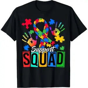 Men's 100% Cotton Short-Sleeve Round Neck T-Shirt, Autism Awareness Support Squad Family Graphic Tee, Oversize Lightweight Heather Navy Top, Demon Slayer Merch Double Print Funny Casual Streetwear, Colorful 1-Piece Crewneck Oversized Menswear