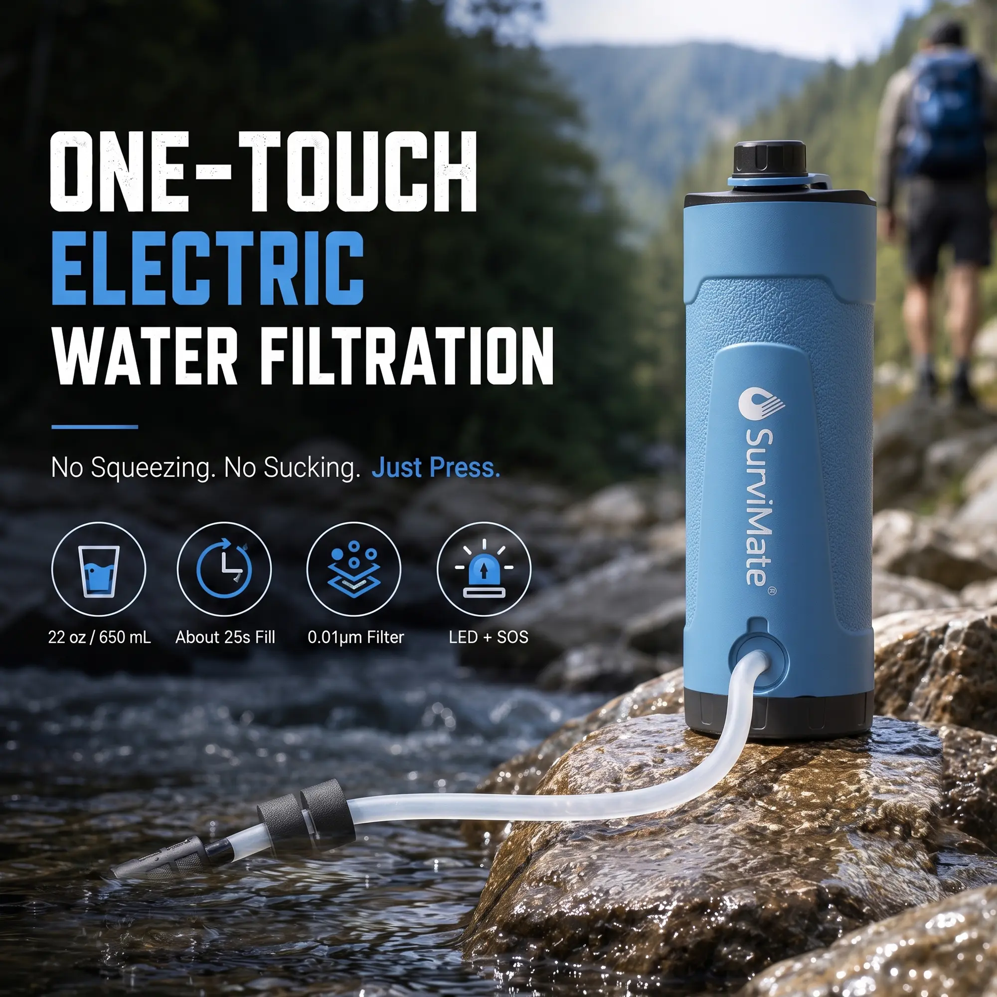 SurviMate Electric Water Filter Bottle - 22oz Portable 1-Touch Pump Water Purifier with 0.01 Micron Filter, LED SOS for Camping, Hiking, Emergency