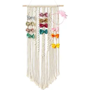 Macrame Bow Holder  Hair Bow Organizer for Girls Hair Bows,Boho Wall Hair Clips Headband Storage Hanger for   Girls Room,  (Clips and Other Props Not Included)