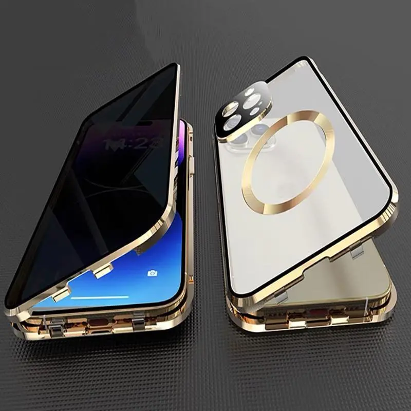 Metal Magnetic Anti Peeping Privacy Case For iPhone 17 16 15 14Pro Max Magsafe 360 Degree Protection Shockproof Phone Cover