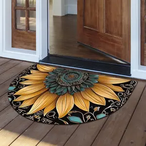 Vintage Sunflower Semi Circle Doormat Dragonfly Print Non Slip Absorbent Rug for Porch Living Room Bedroom Kitchen Bathroom