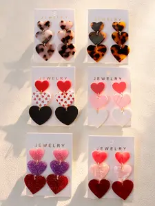 Romantic Amber Color Heart Acrylic Pendant Earrings, Shimmering Long Drop Earrings for Valentine's Day & Weddings, Stylish Gift for Women