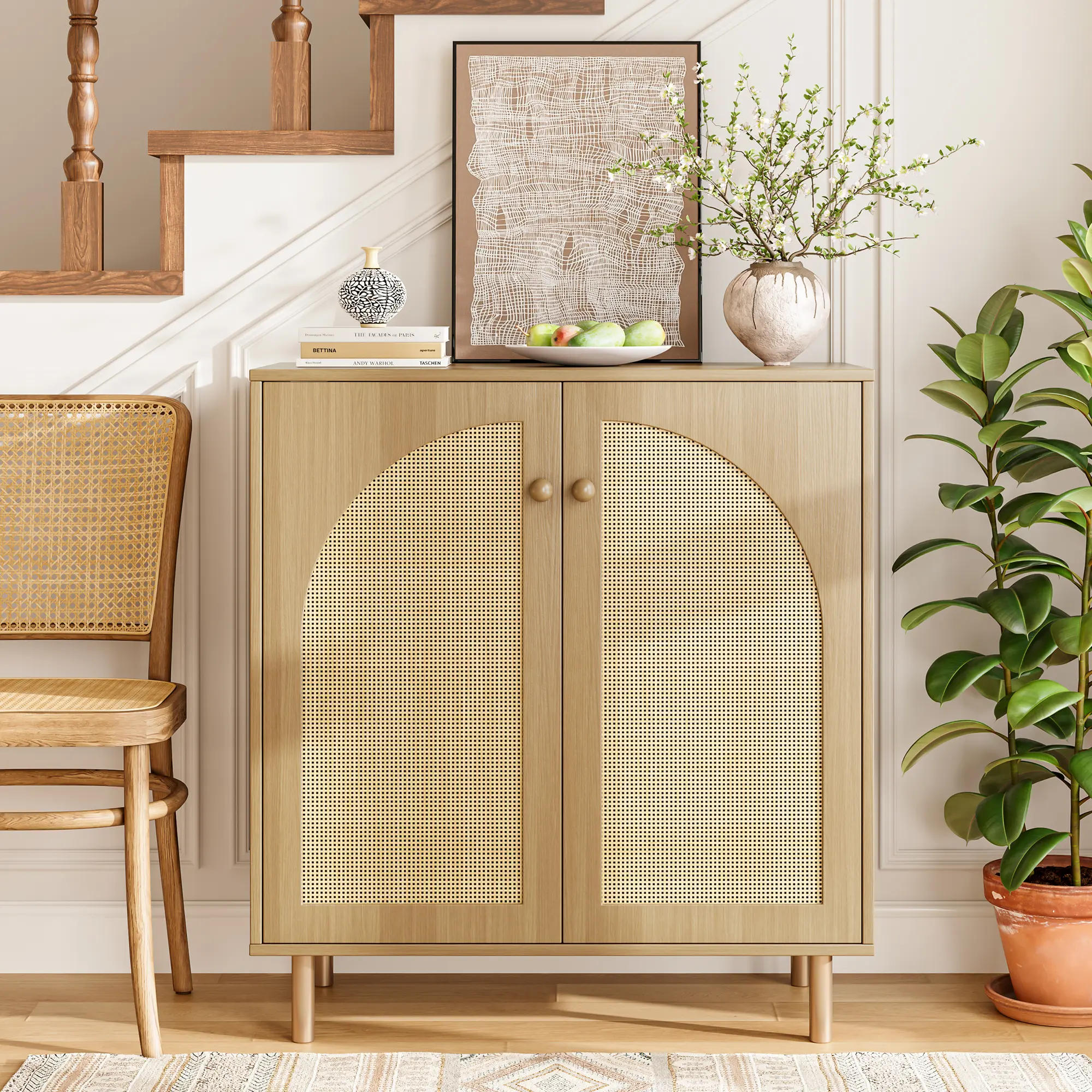 2-Door Natural Rattan Sideboard Buffet Cabinet - Adjustable Shelves, Sturdy, Eco-Friendly Finish, Modern Home Furniture, Wooden Bohemian Storage for Dining Room-Entryway, Coffee Bar Console Table Compatible, Assembly Required, 60-Day Exchange, 31.4X15x30"