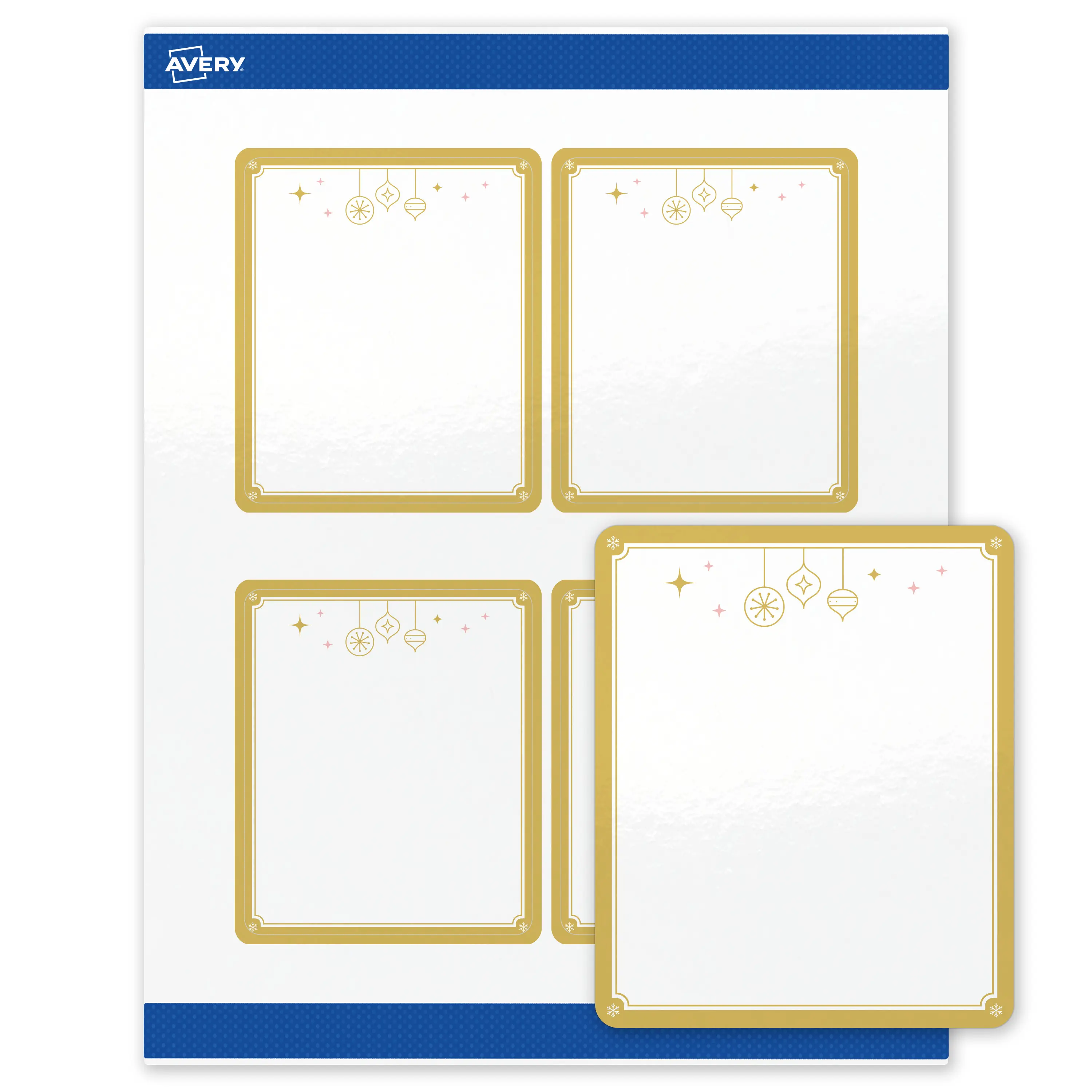 Avery® Printable Christmas Labels with Sure Feed® Technology, Rectangle, 4" x 3-1/3", Pre-Printed Metallic Gold Hanging Ornaments Design, Glossy White, Laser & Inkjet Compatible, 40 Total