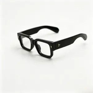 Vintage Thick Square Anti Blue Light Glasses, Glossy Black Solid Acetate Frame Metal Stud Detail, Anti Eye Fatigue Screen Glasses for Gaming Office Streetwear