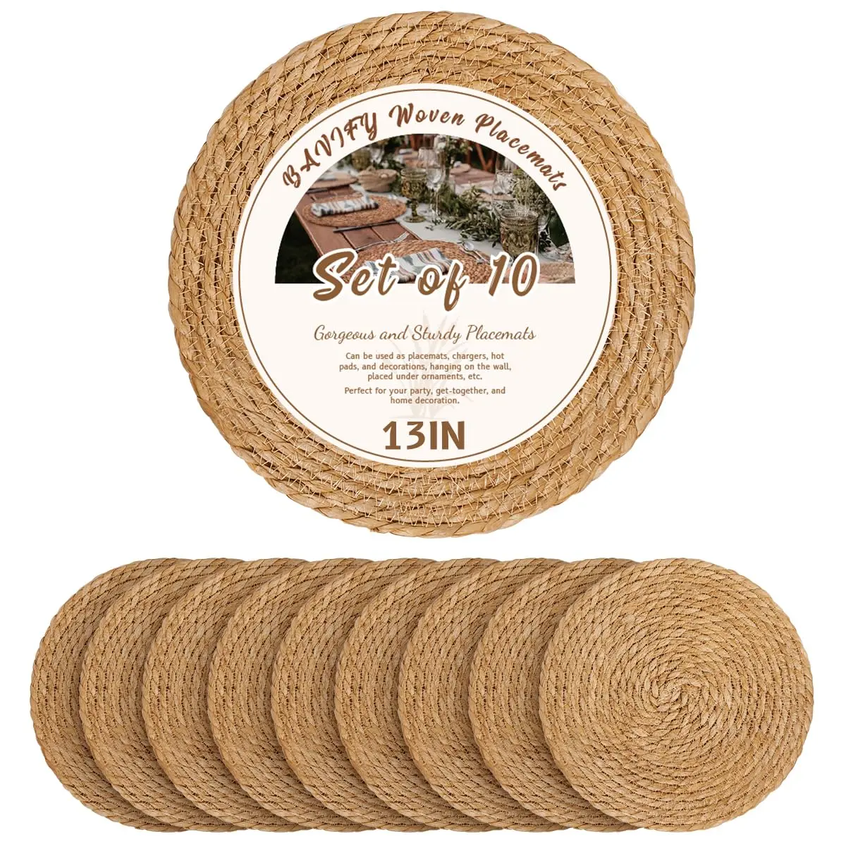 Set of 12 Round Woven Placemats Plate Chargers, Boho Farmhouse Rustic Woven Place Mats for Kitchen Dining Party Table Decor, Rattan Wicker Table Mats Jute Braided Chargers for Dinner Plates