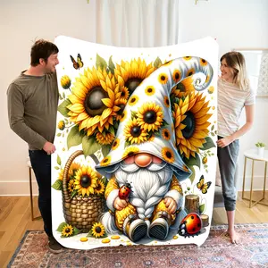 1Pc Whimsical Gnome & Sunflower Cartoon Flannel Blanket - Soft Warm All-Season Throw With Vintage Floral Design, Machine Washable, Perfect Gift For Friends & Family, Ideal For Napping, Camping, Travel & Home Decor, Gnome Blanket, Cozy Home