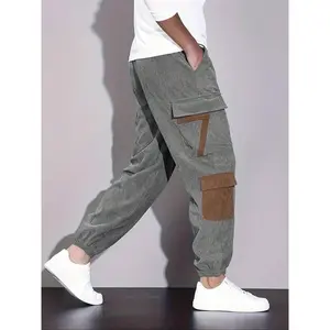 Men’s color-block corduroy pants with a drawstring waist, autumn–winter casual comfortable pocket pants, men’s everyday wear pants, casual-fit pants