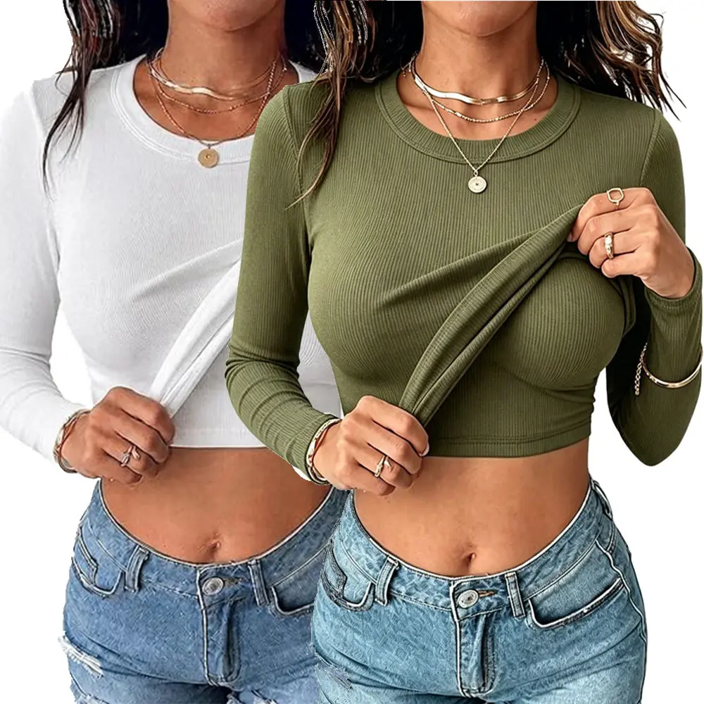 EncoLax 2 Piece Long Sleeve Built-in Bra Shirts for Women Ribbed Knit Slim Fit Going Out Tops Crewneck Casual T Shirt