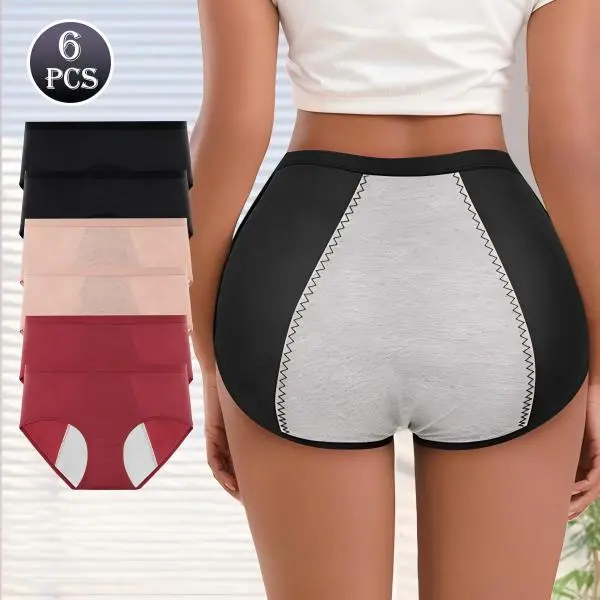 6-Pack Period Panties for Women, High-Waisted Floral Jacquard Briefs with Extended Front-to-Back Leak Protection Lining, Full Coverage Menstrual Underwear for Special Occasion