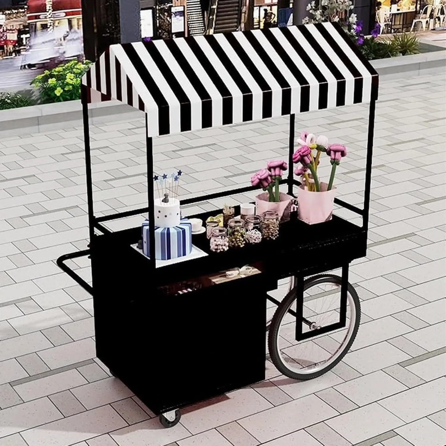 Portable Cart, Portable Vendor Cart with Canopy and Wheels, Outdoor Dessert Ice Cream Stall for Farmers Market Street Events