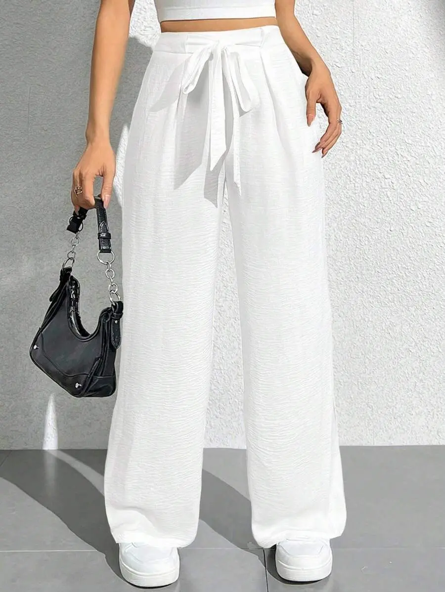 Petite Women's Straight Leg Pants - High Waist Belted Drawstring Trousers for Work and Errands