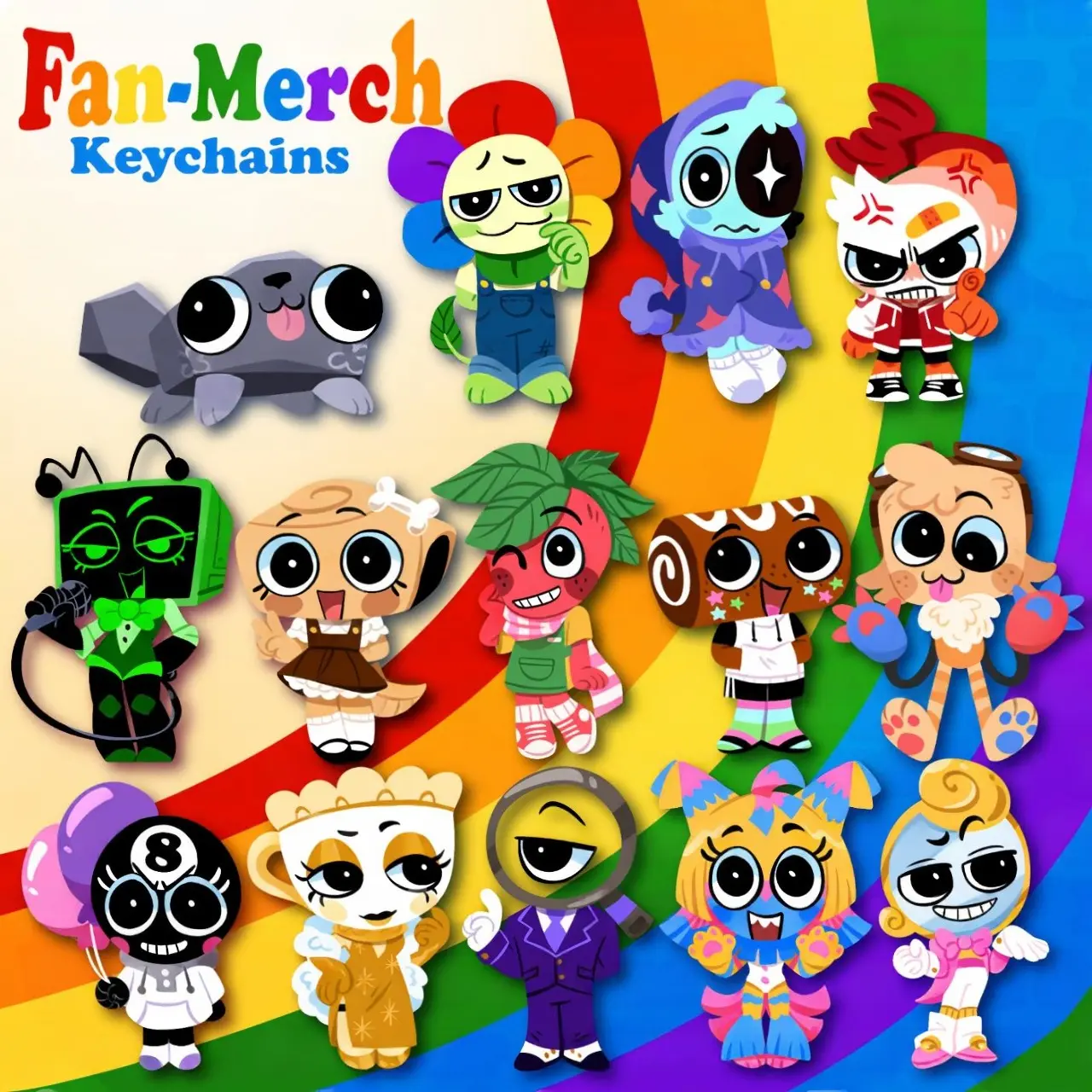 Toon Keychains | Dandy World Keychain-Pebble, Dandy, Astro, Shrimpo, Vee, Shelly, Sprout, Cosmo, Goob, Toodles, Teagan, Rodger, Yatta, Glisten, roblox, dandys world, dandy's world charm