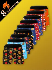 8 food-themed graffiti-printed men's boxer briefs, Fun snack cartoon prints of hamburgers, fries, cheese, pizzas, candies, gift for food lovers, Comfortable stretch fabric, Casual, daily, Elastic waist underwear, Boxer Shorts Underwear