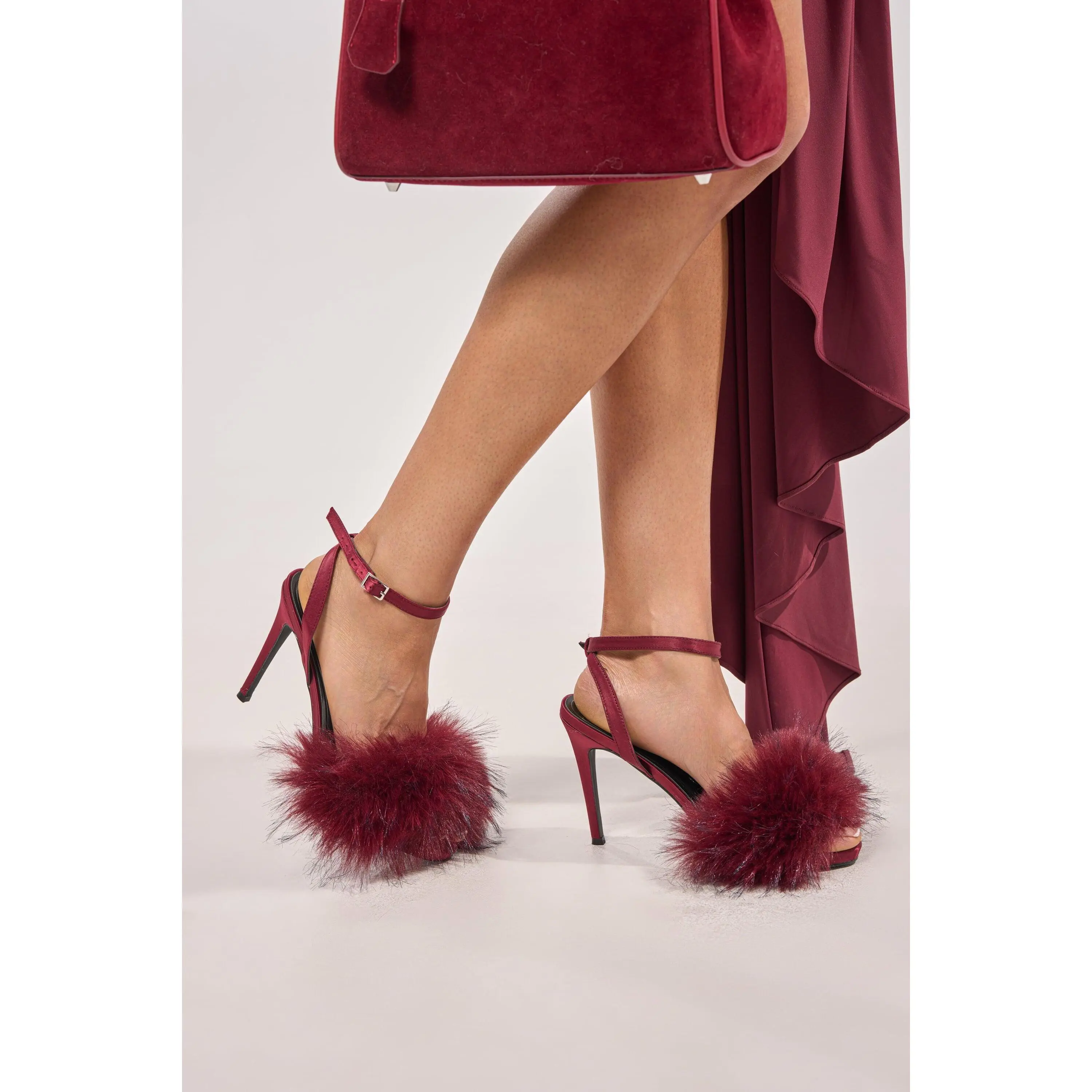 AZALEA WANG NADIA BURGUNDY FUR EMBELLISHED STILETTO SANDAL