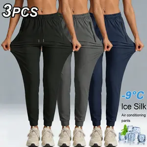 Women's Ice Silk Joggers 3 Pack, Cooling -9℃ Quick Dry Athletic Pants, Lightweight Stretch Workout Sweatpants with Zipper Pockets, Drawstring Elastic Waist Casual Lounge Pants for Summer