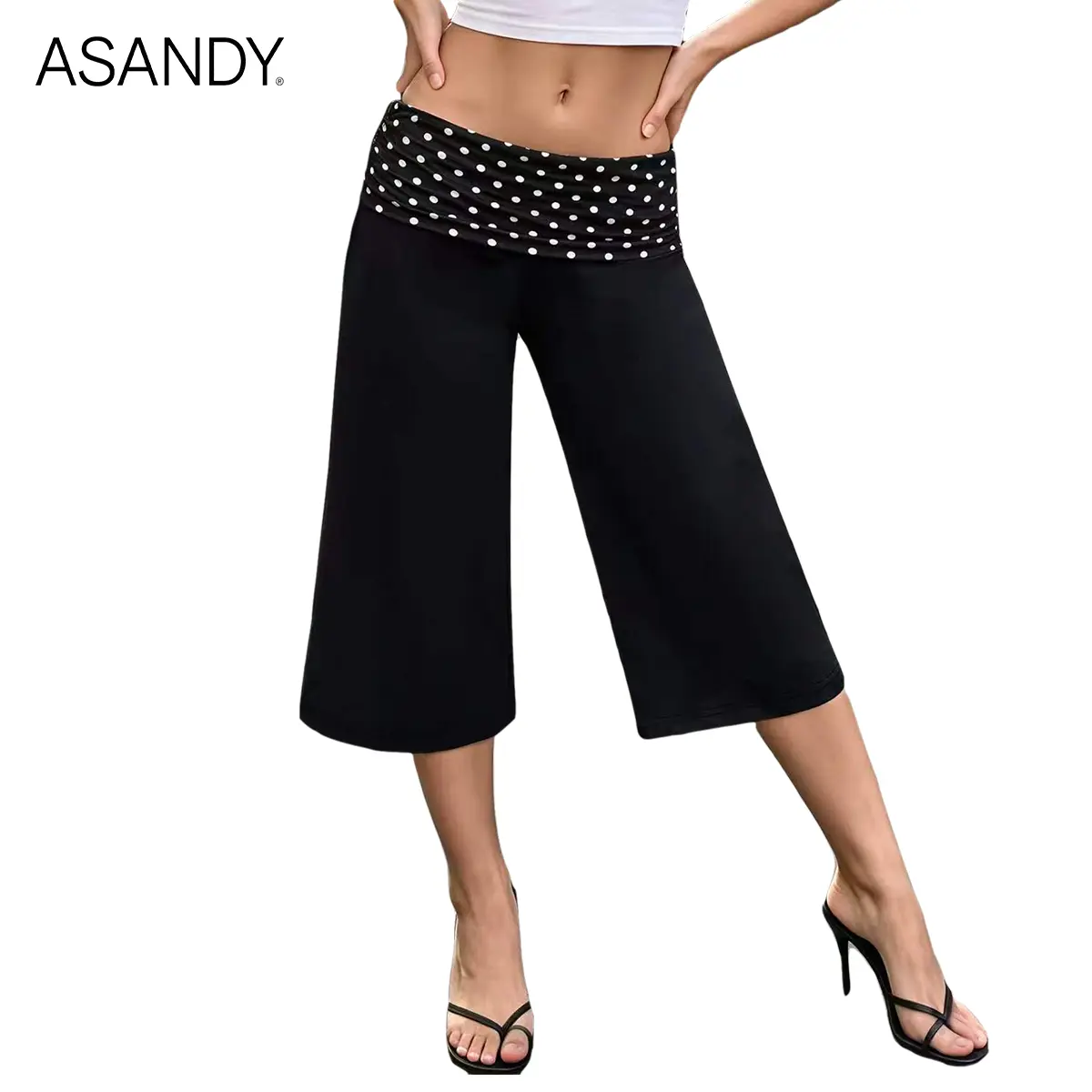 ASANDY Women's High Waisted Foldover Pants, Wide Leg Cropped Yoga Trousers for Casual Lounge Wear