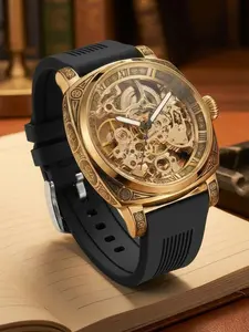 Men's Vintage Business Hollow Out Dial Mechanical Wrist Watch, Fashion Watch for Party, Daily Clothing Decor, Trendy All-match & Exquisite Watch for Gift with Box, Fashionable Wristwatch