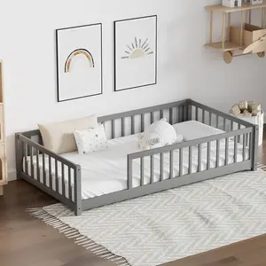 NEKODO Twin Floor Bed for Kids Solid Wood Montessori Bed Frame with Safety Guardrails,Solid Pinewood Toddler Bed Frame with Wood Slats,Multifunctional Montessori Floor Bed, Without Door, Easy Assemble, Gray