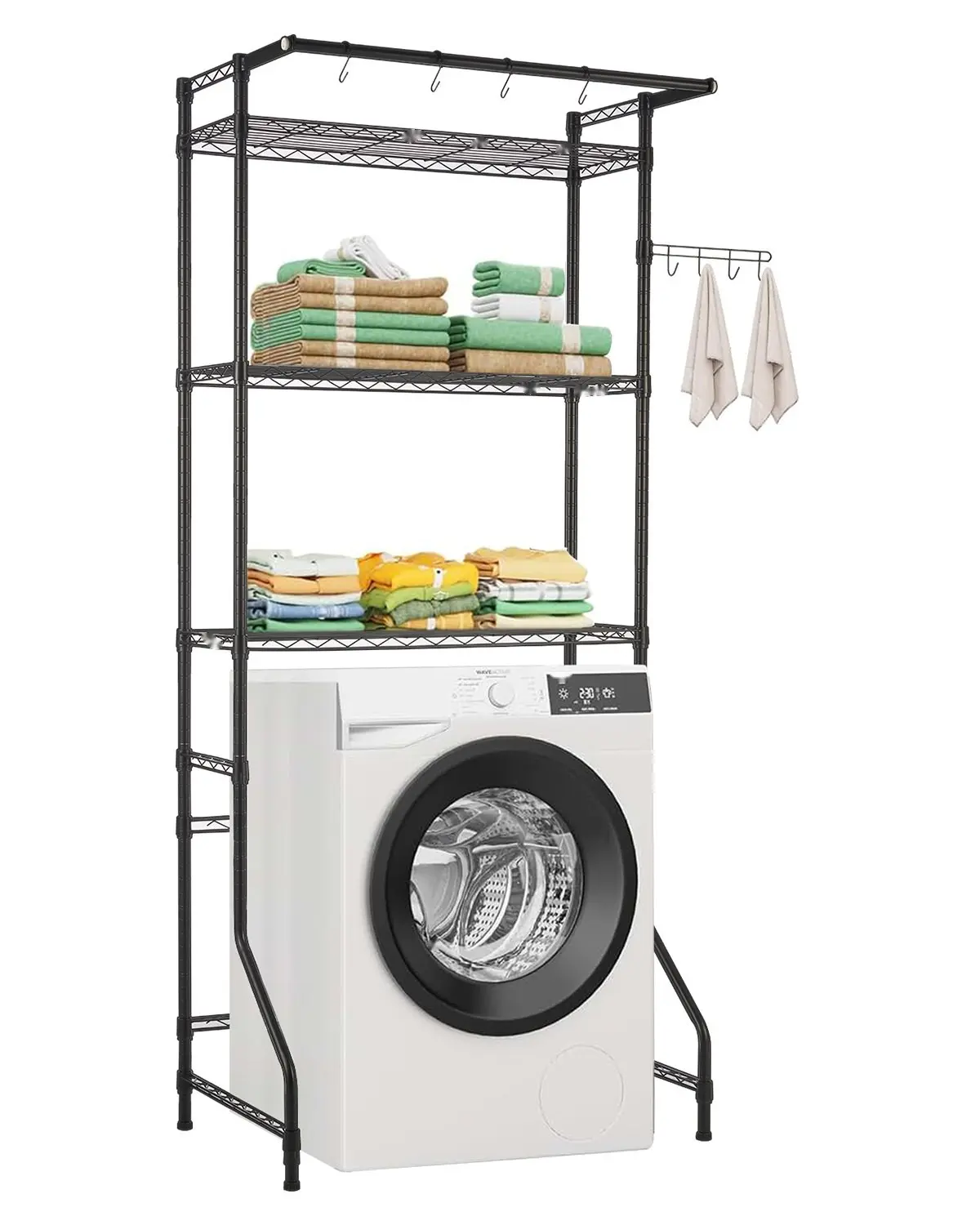 Over Washer And Dryer Storage Shelf, 3-Tier Laundry Room Drying Rack With Hanger Rod And Hooks, Adjustable Over Washer And Dryer Shelves, Space-Saving Laundry Room Organizer, Black Finish