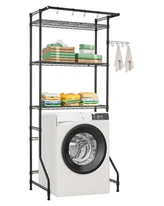 Over Washer And Dryer Storage Shelf, 3-Tier Laundry Room Drying Rack With Hanger Rod And Hooks, Adjustable Over Washer And Dryer Shelves, Space-Saving Laundry Room Organizer, Black Finish