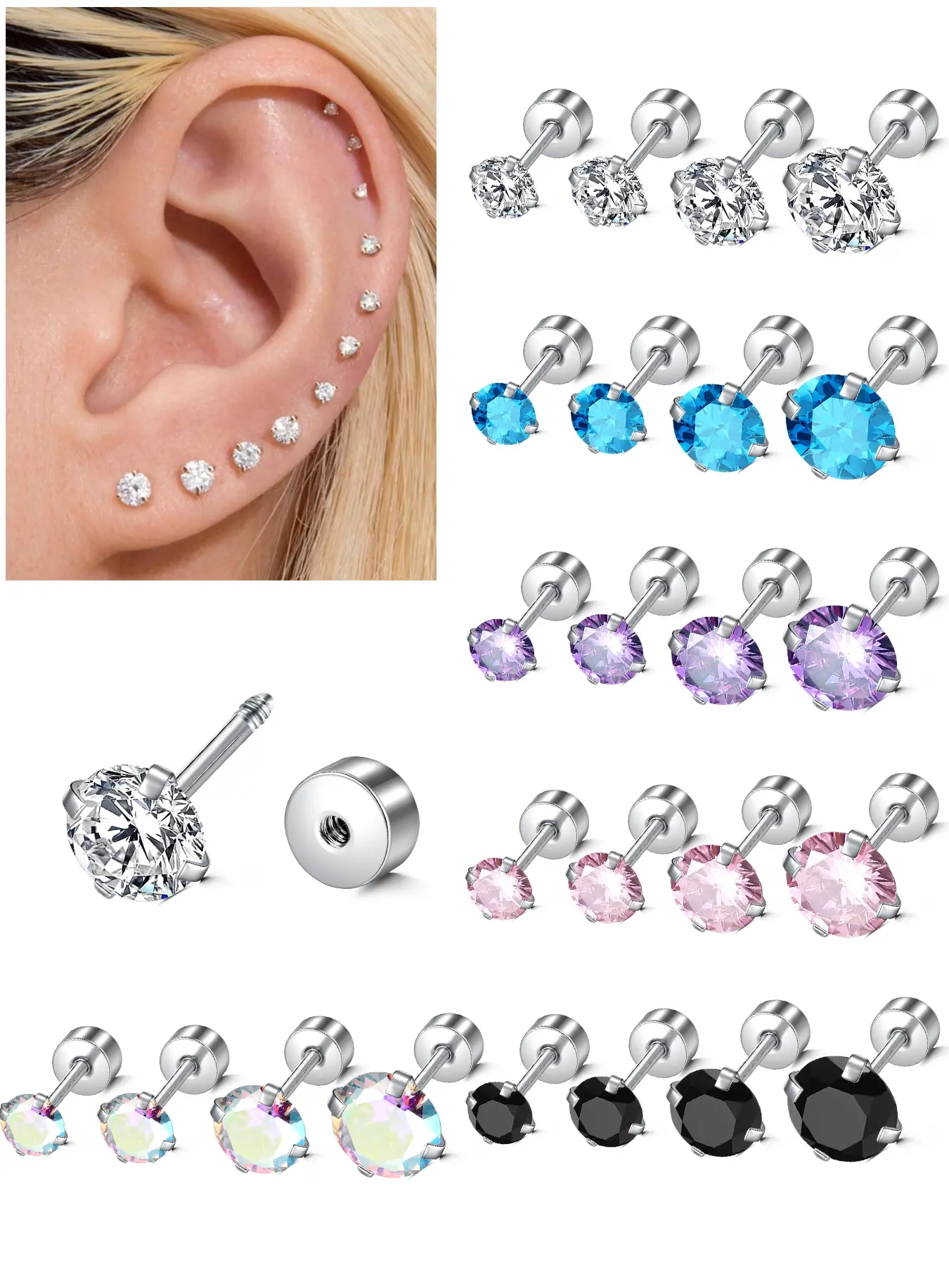 Stainless Steel Helix & Tragus Earring Set 18G Opal & CZ Accents Ear Studs Cartilage Piercing Jewelry Body Piercing Jewelry Piercing Earrings Studs Body Jewellery