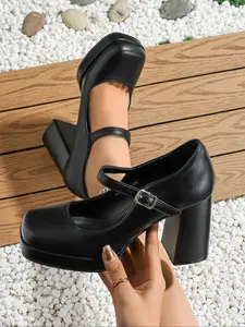 Women's Sexy Stylish Square Toe Chunky High Heel Shoes, PU Leather, Waterproof Platform, Spring & Fall Fashion, Casual Low Heels, Medium Width