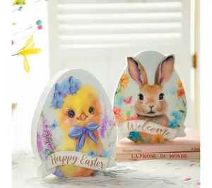 Glitzhome 6" Easter Wooden Bunny and ChickadeeTable Decor S/2