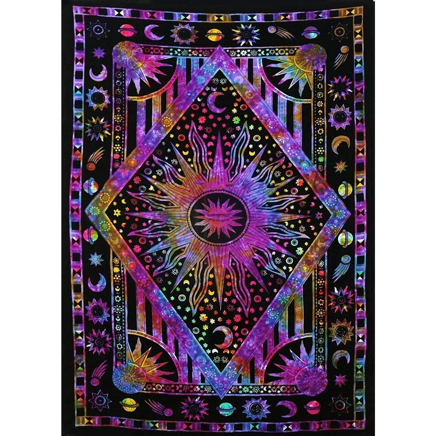 ANJANIYA Burning Sun Tie Dye Tapestry, Celestial Sun Moon Star Planet Bohemian Medium Tapestry Tarot Card Wall Hanging Boho Hippie Hippy Beach Coverlet Curtain (Purple Multi, 54"X60") Decor Orange