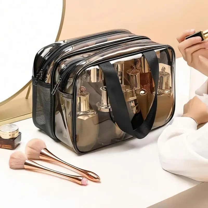 Clear Cosmetic Bag with Double Layer Dry Wet Separation, Large Capacity Transparent Toiletry Organizer for Travel, PVC Waterproof Makeup Case with Handles and Shoulder Strap, Portable Storage for Airport, Bath, Gym, Work, and Stadium Compliance