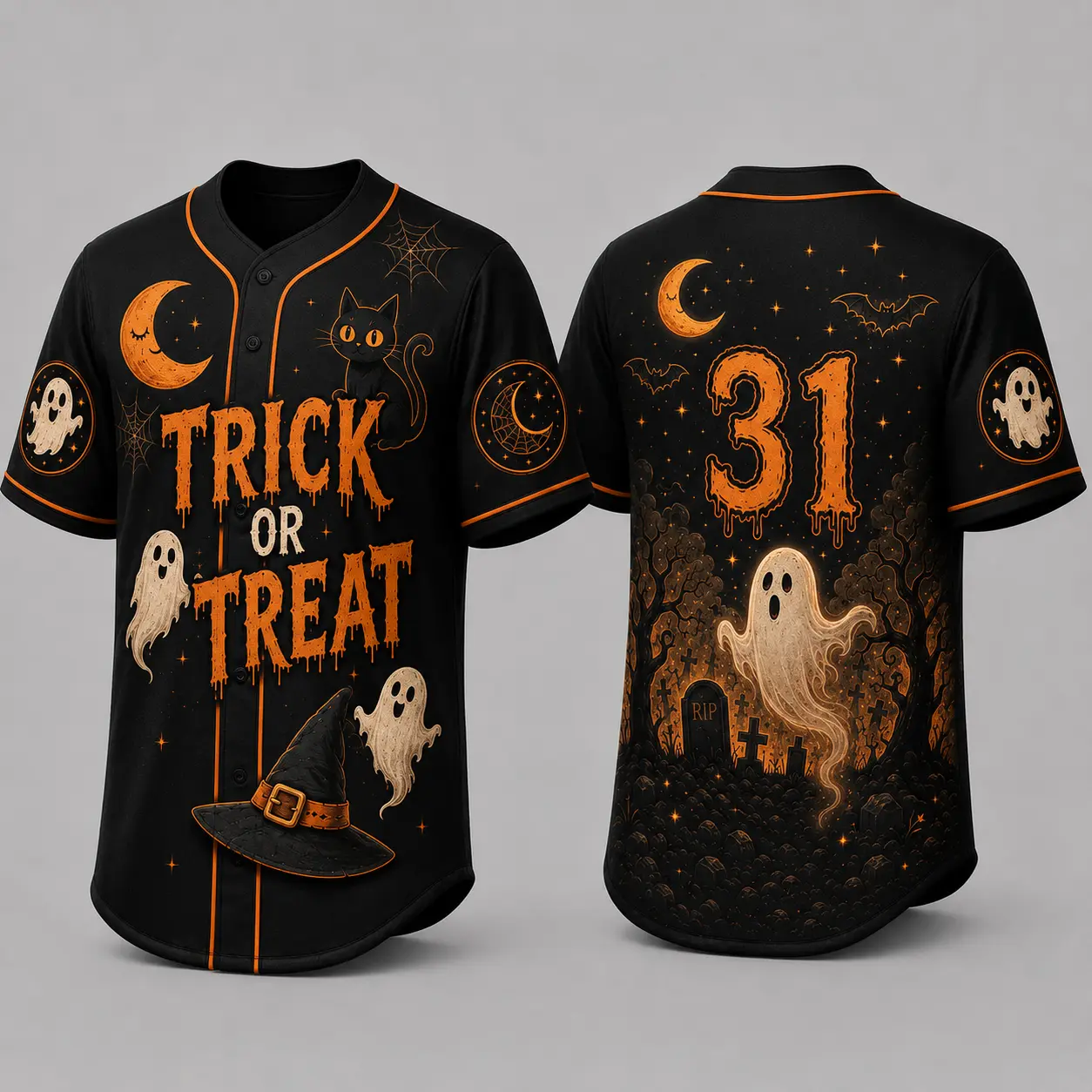 Halloween Baseball Jersey, Trick or Treat Button Up Shirt, Cute Ghost Black Cat Graphic Jersey, Witch Hat Spooky Season Apparel, Halloween Gift For Fans