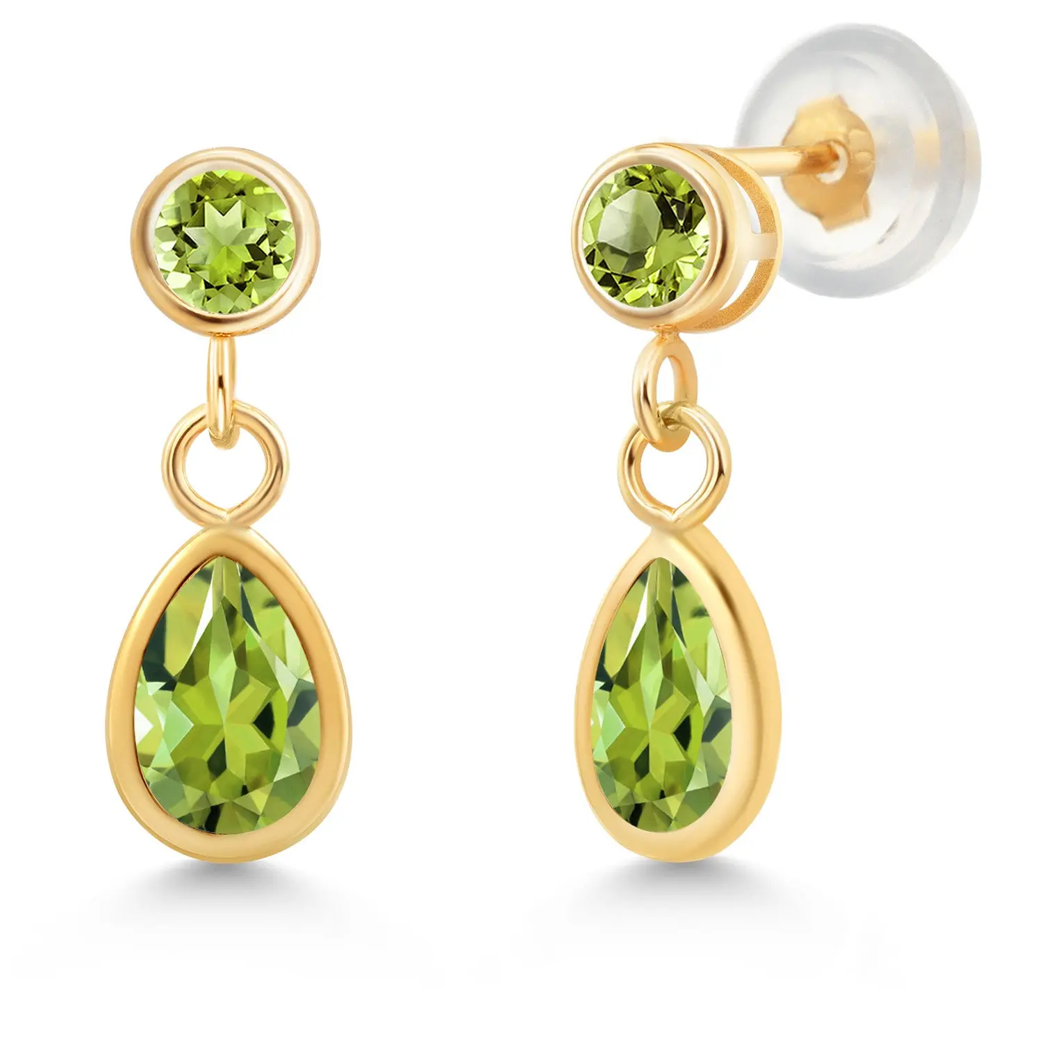 Gem Stone King 14K Yellow Gold Green Peridot Dangle Earrings For Women | 1.07 Cttw | Gemstone August Birthstone | Pear Shape 6X4MM | Round 3MM