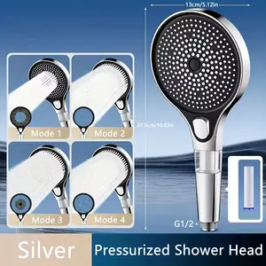 High Pressure 4-Setting Shower Head with Filter, Silver Grey Black Color Handheld Shower, Fixed Large Round Shower Head, Easy Installation, High Pressure Showerhead