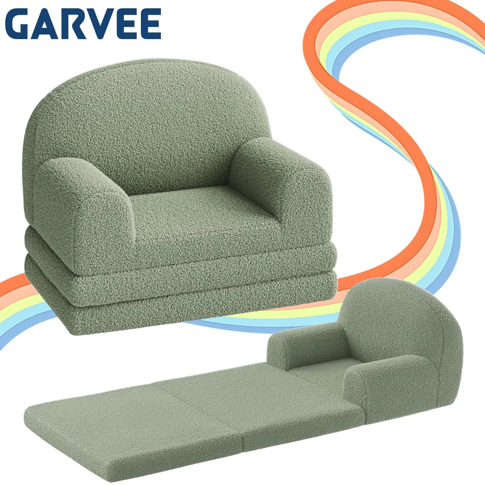 Garvee 2-in-1 Teddy Fleece Kids Couch, Foldable Convertible Toddler Sofa Bed Lounger, Soft Cozy Children Furniture for Playroom, Perfect Birthday Gift