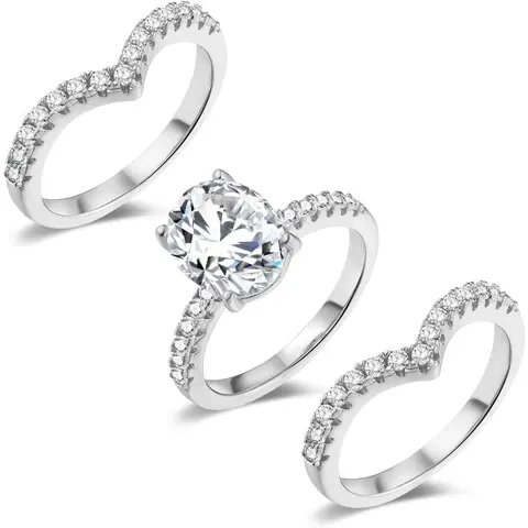 GEMSME Women's 2CT Brilliant Cubic Zirconia Oval Cut Ring (7x9mm) Gold Band Stack - Wedding Ring Set for Promises, Anniversary, Blinged-Out Brilliance & Shine R-7421, Cubic Zirconia Ring, Wedding Ring Sets