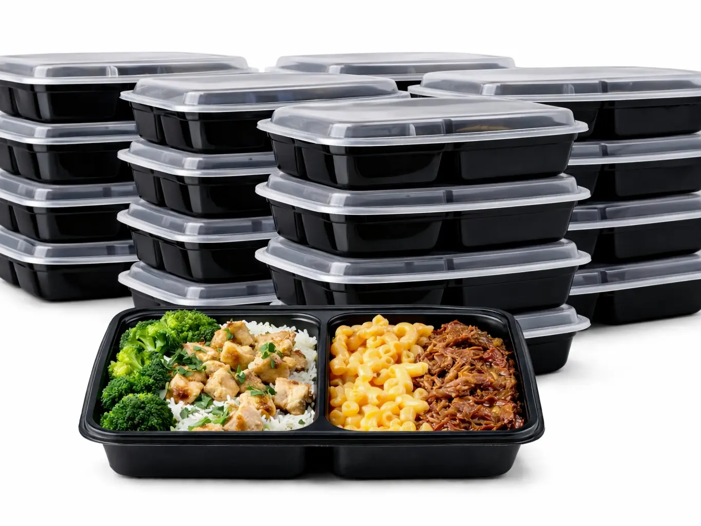 32oz 2 Compartment Meal Prep Containers with Lids, 6” x 8.44” x 2” Divided Food Storage Trays, Leak-Resistant Bento Boxes, Stackable Takeout Containers, 50 Pack Bulk Food Prep Containers