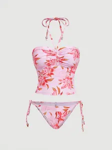 French Vintage Lily Halter Tankini Bikini for Women, Modest Fitted All-Over Print Summer Swimsuit Set, Floral Print Bikinis, Perfect for Beach Vacations