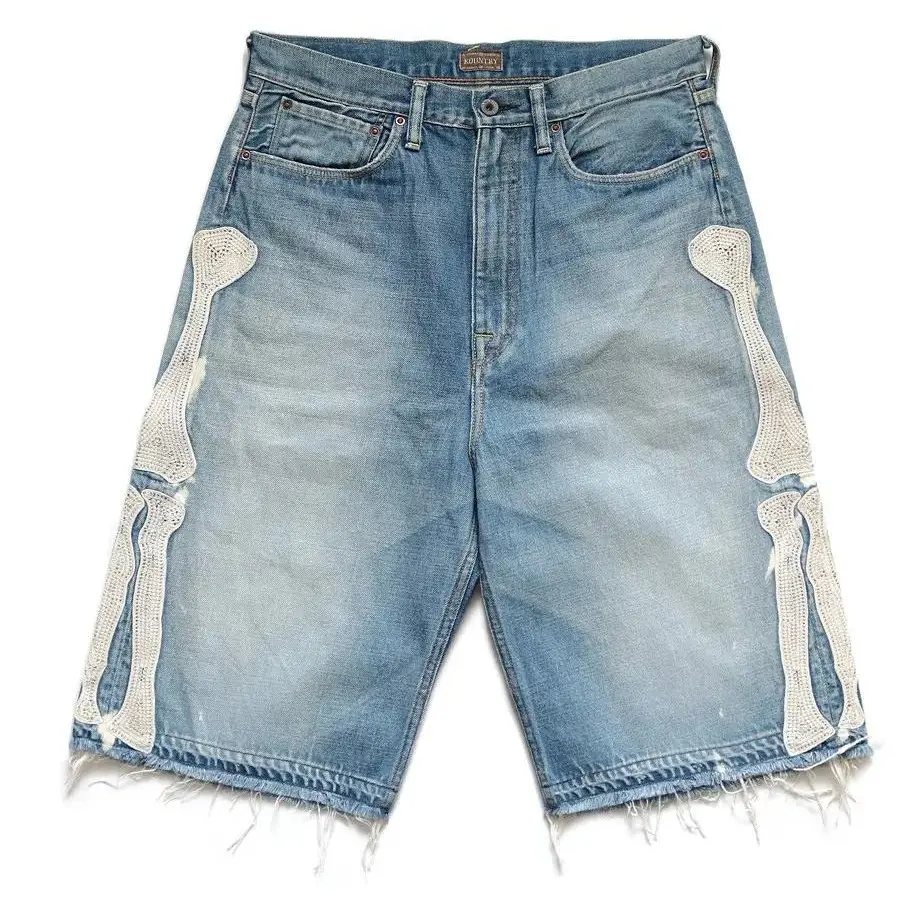 Women'S  Denim Shorts With Embroidered Bone graphic，Featuring a Frayed Hem Vintage Washed Straight Leg Jean Shorts Casual Loose Fit Knee Length Jorts with Pockets Soft Distressed Summer Denim Shorts for Streetwear | Beach Vacation Daily Wear
