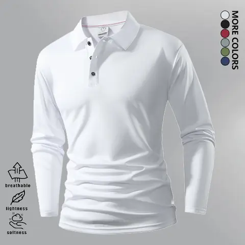 Men's Knitting Long-Sleeve Plain Polo Top - Traditional Fitted Pullover with Button Closure, Quick On-Off, Business Casual Style, Suitable for Business & Golf, Ideal for Blue Collar New Year Gifts, Soft Fabric, Men's Business Casual