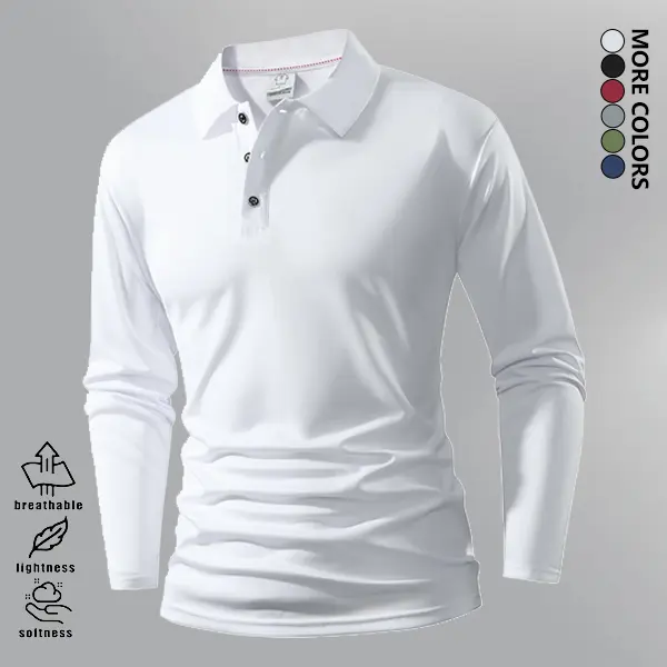 Men's Long-Sleeve Plain Polo Shirt - Traditional Fit Knit Fabric Pullover for Quick On-Off, Easy Pullover, Smart Casual Style, Suitable for Business & Golf, Blue Collar Men Gifts