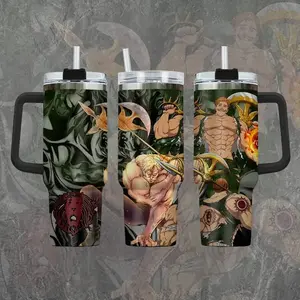 STORMMECH 40oz Handle Tumbler - Escanor Insulated Stainless Steel Portable Beverage Flask, Vacuum Insulated Kitchenware Drinkware with Lid, Large Iced Coffee Mug, Anime Manga Fighter Otaku Gift