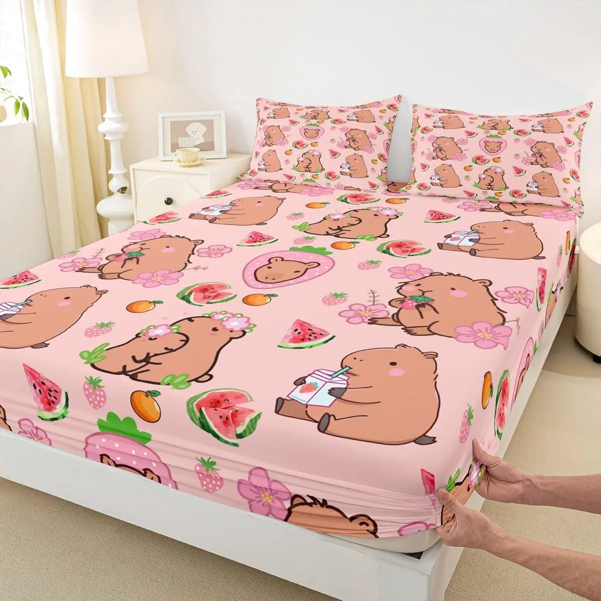 Capybara Lover Fitted Sheet,Capybara Decor Bedding Set Bedroom,Cartoon Rodent Animal Bed Sheets Capybara Decorations Watermelon Strawberry Sheets Kawaii Decor,Pink