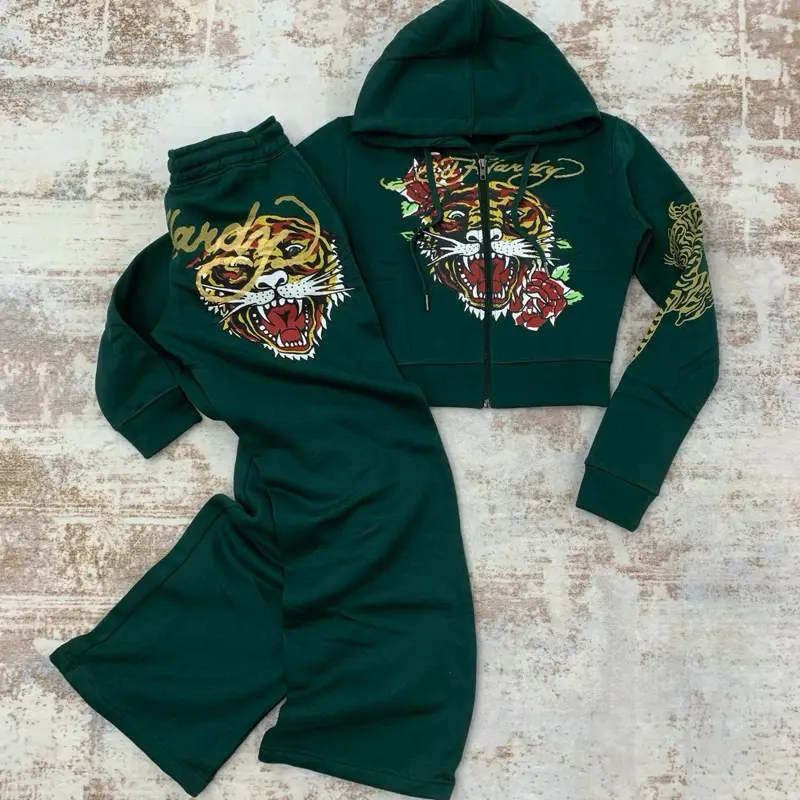 Y2k Women's Ed Green Tracksuit with Bold Tiger and Snake Graphics Comfortable and Stylish Sportswear Set