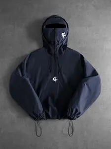 Men's Fashion Casual Hooded Half-Zip Jacket, Oxford Fabric, Integrated Face Mask, Badge Print, Windproof Dustproof, Street Style