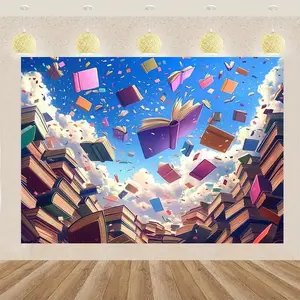 2D Flat, 1pc 1pcs Book-Themed Backdrop Suitable for Home, Garden, Studio Photo Booths & Carnivals - Vibrant Books & Balloons Design with Durable Polyester Fabric - Easy-to-Hang Decor for Part