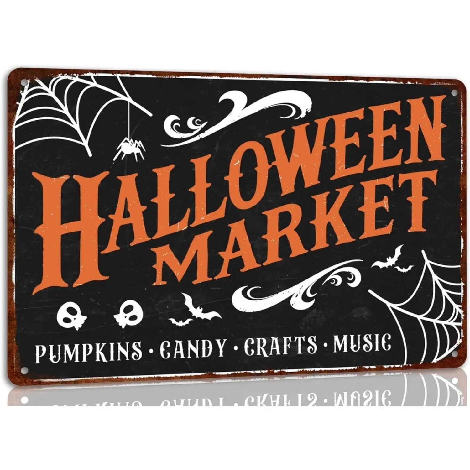 Vintage Halloween Market Metal Tin Sign - Whimsical Home Decor with Animal Motif, Spooky Witch, Pumpkin, Ghost - PVC Surface, UV Protected, Waterproof, Pre-Drilled Holes for Easy Hanging - Home, Haunted House Wall Decor