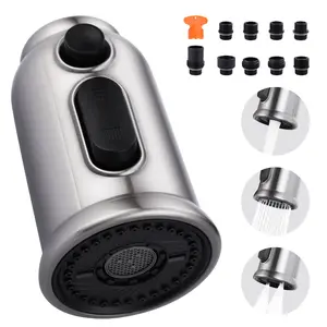 WOWOW Brushed Nickel Pull Down Faucet Head Replacement, 3-Function Kitchen Faucet Spray Head with 9 Adapters, Kitchen Faucet Head Sink Spray Nozzle