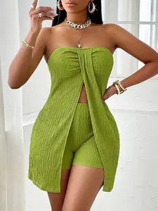 Women's Textured Fabric Knot Front Slit Top Shorts Set, Strapless Crop Top Two-Piece, Slim Fit Casual Wear, Spring & Fall Fashion