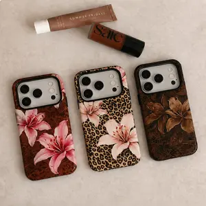 Leopard Print Floral,For Girls IPhone Case With Pink Lilies Durable Shockproof Cover For IPhone 17 16 15 14 13 12 11 Pro Max Plus Air 7 8 GalaxyS26 S25 S24 S23 S22 S21Ultra Plus FE   Tough Accessories Trendy  Polycarbonate TPU Impact Resistant